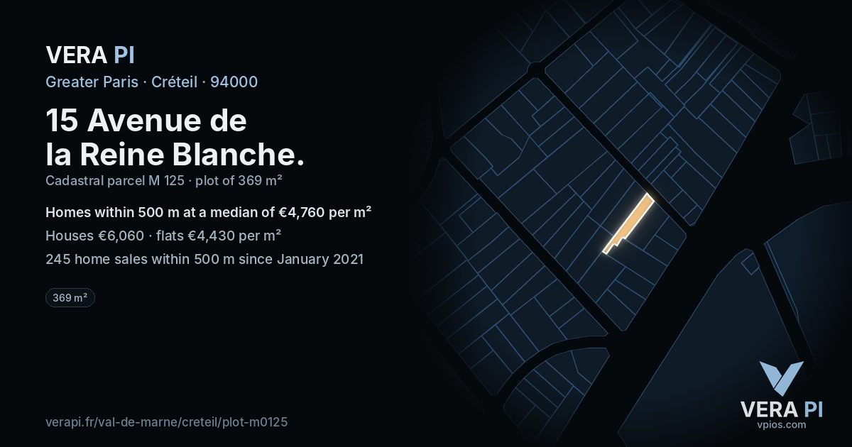 15 Avenue de la Reine Blanche, Créteil at night – the plot lit, the parcels around coloured by the prices near them