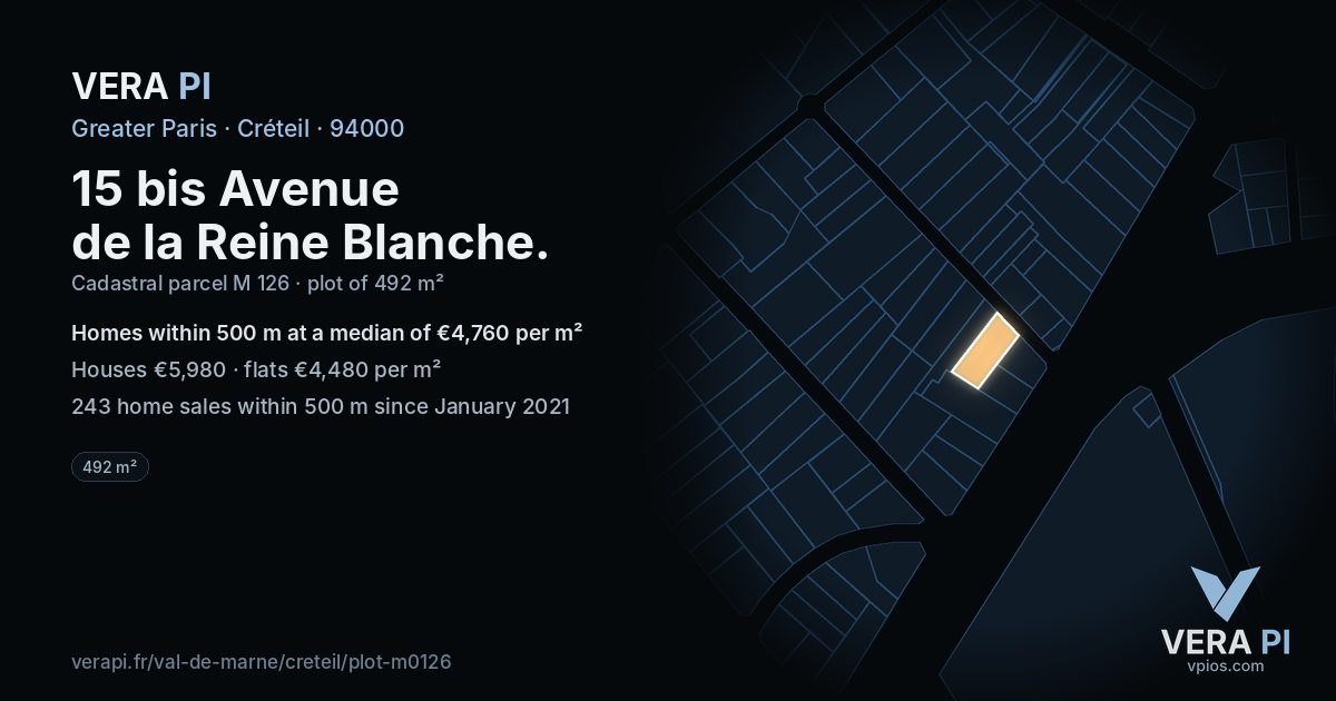 15 bis Avenue de la Reine Blanche, Créteil at night – the plot lit, the parcels around coloured by the prices near them
