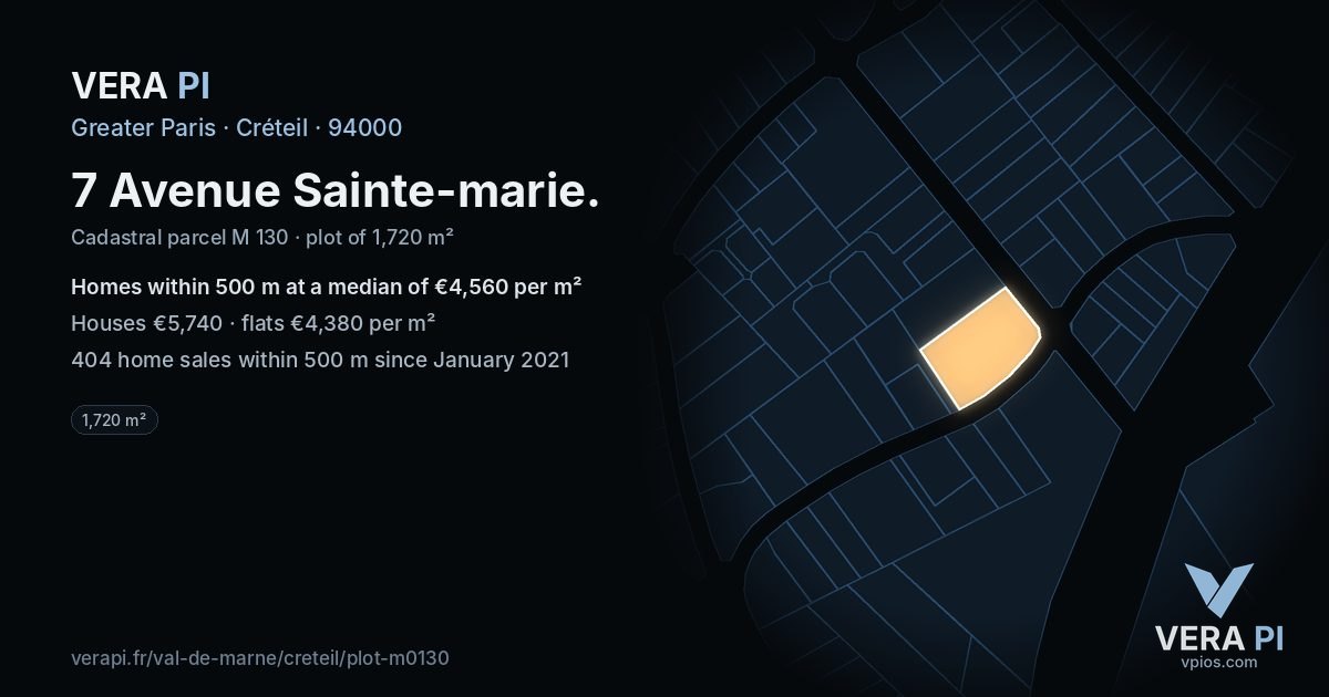 7 Avenue Sainte-marie, Créteil at night – the plot lit, the parcels around coloured by the prices near them
