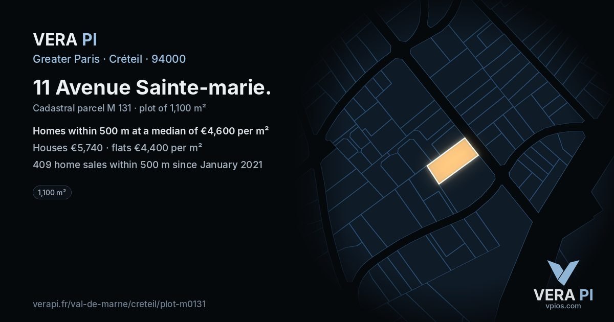 11 Avenue Sainte-marie, Créteil at night – the plot lit, the parcels around coloured by the prices near them