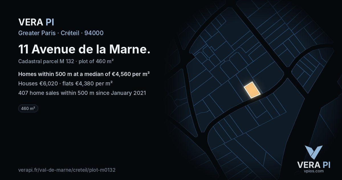 11 Avenue de la Marne, Créteil at night – the plot lit, the parcels around coloured by the prices near them
