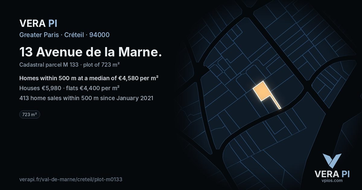 13 Avenue de la Marne, Créteil at night – the plot lit, the parcels around coloured by the prices near them