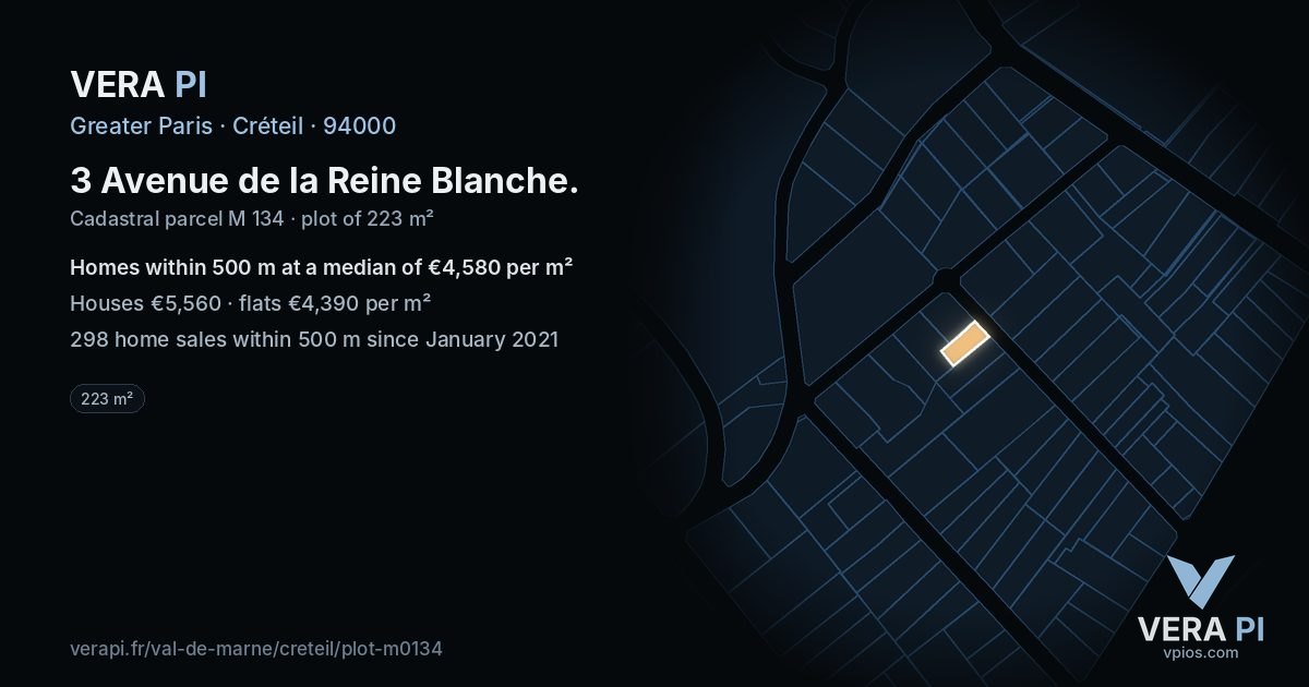 3 Avenue de la Reine Blanche, Créteil at night – the plot lit, the parcels around coloured by the prices near them