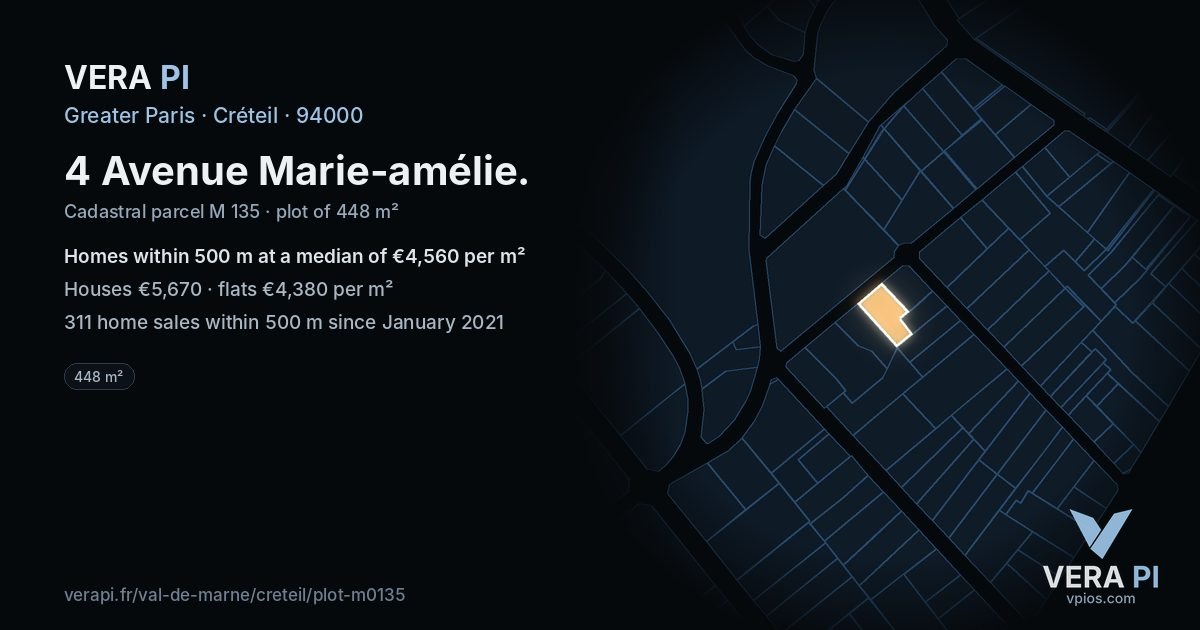 4 Avenue Marie-amélie, Créteil at night – the plot lit, the parcels around coloured by the prices near them
