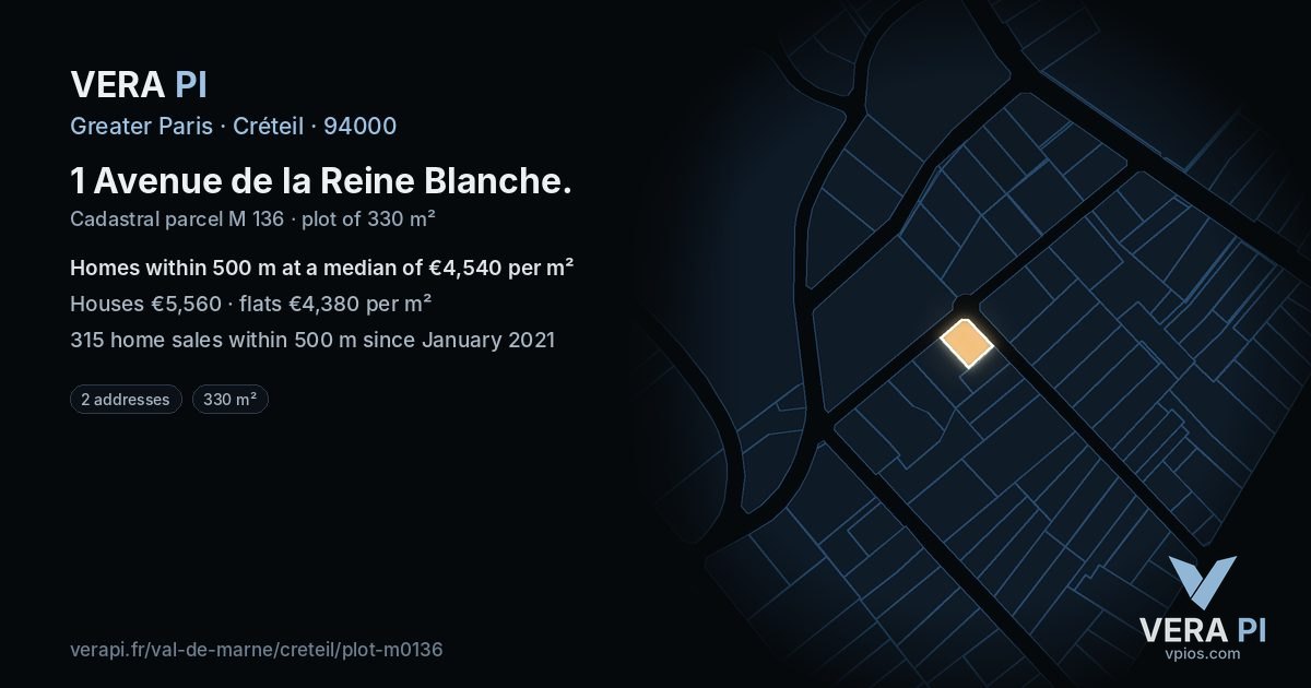 1 Avenue de la Reine Blanche, Créteil at night – the plot lit, the parcels around coloured by the prices near them