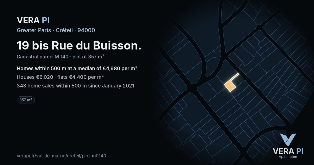 19 bis Rue du Buisson, Créteil at night – the plot lit, the parcels around coloured by the prices near them