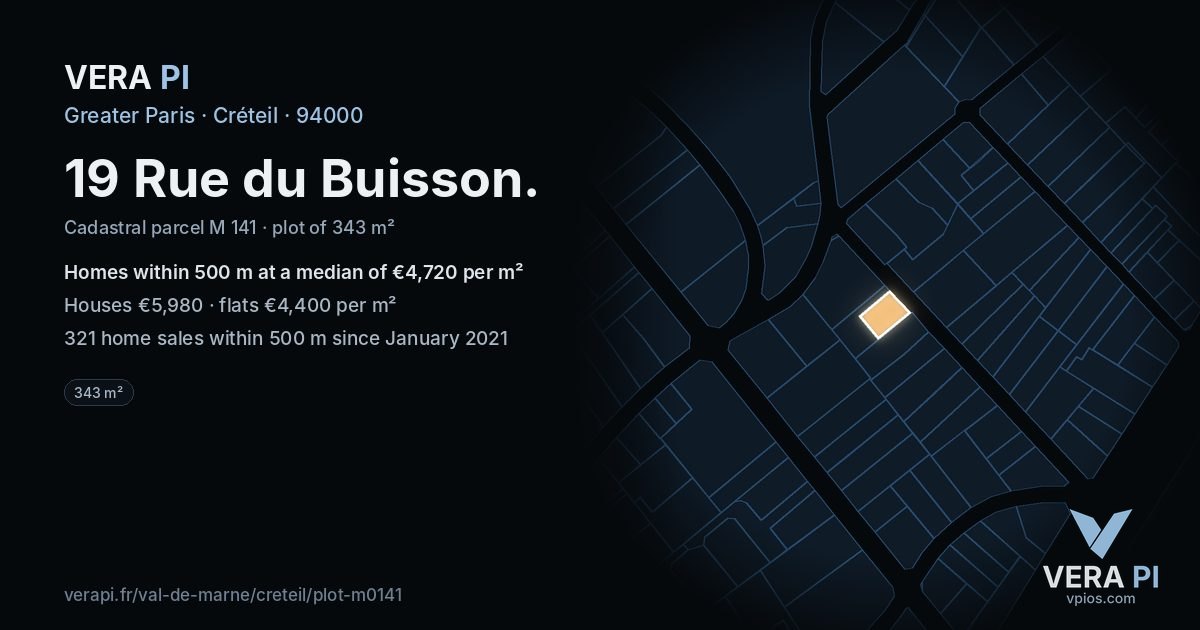 19 Rue du Buisson, Créteil at night – the plot lit, the parcels around coloured by the prices near them