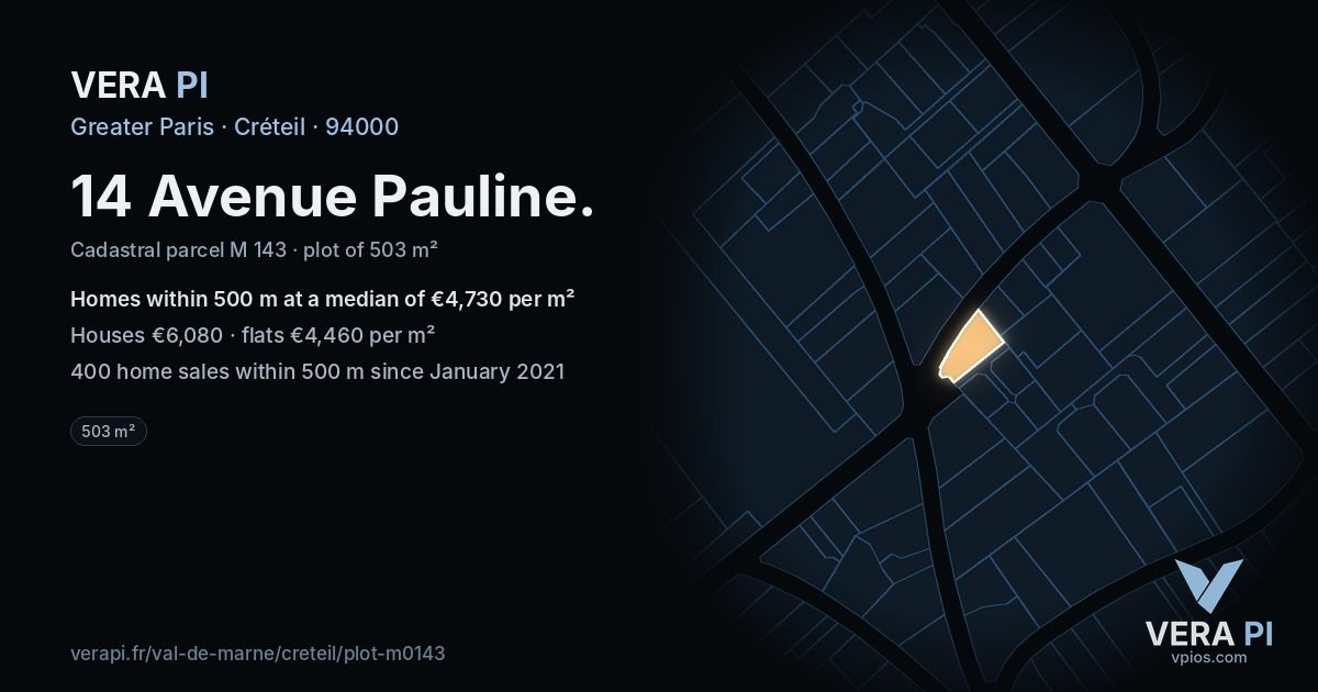 14 Avenue Pauline, Créteil at night – the plot lit, the parcels around coloured by the prices near them