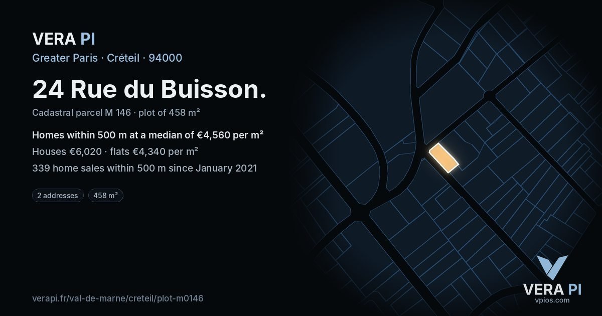 24 Rue du Buisson, Créteil at night – the plot lit, the parcels around coloured by the prices near them