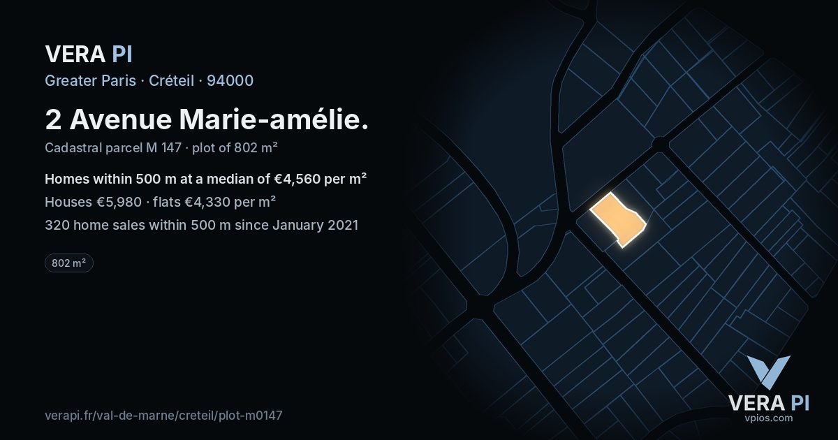 2 Avenue Marie-amélie, Créteil at night – the plot lit, the parcels around coloured by the prices near them
