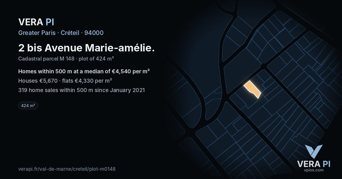 2 bis Avenue Marie-amélie, Créteil at night – the plot lit, the parcels around coloured by the prices near them