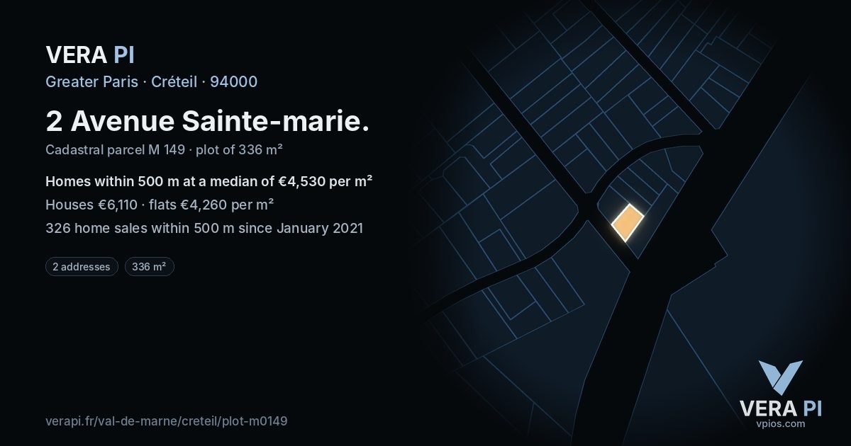 2 Avenue Sainte-marie, Créteil at night – the plot lit, the parcels around coloured by the prices near them