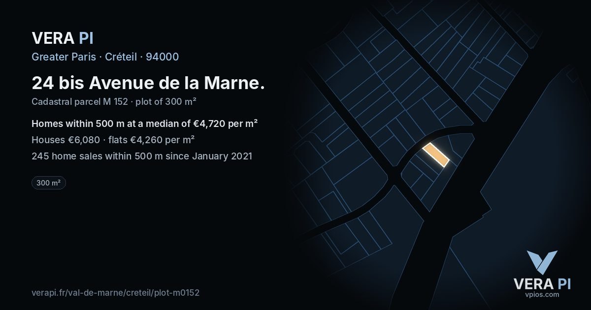 24 bis Avenue de la Marne, Créteil at night – the plot lit, the parcels around coloured by the prices near them