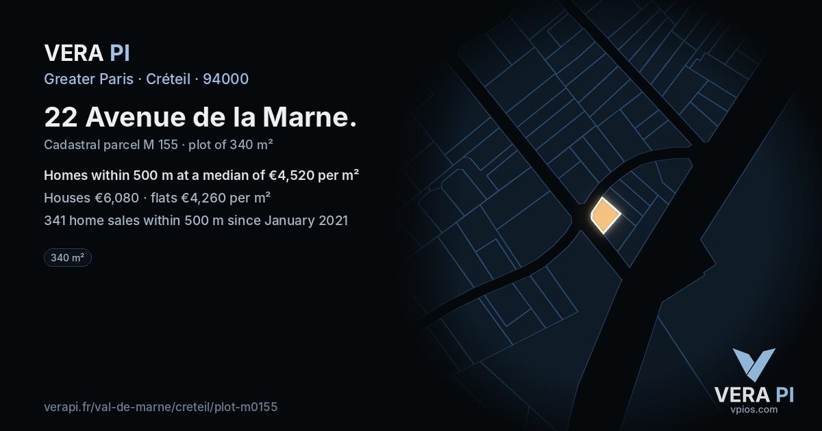 22 Avenue de la Marne, Créteil at night – the plot lit, the parcels around coloured by the prices near them