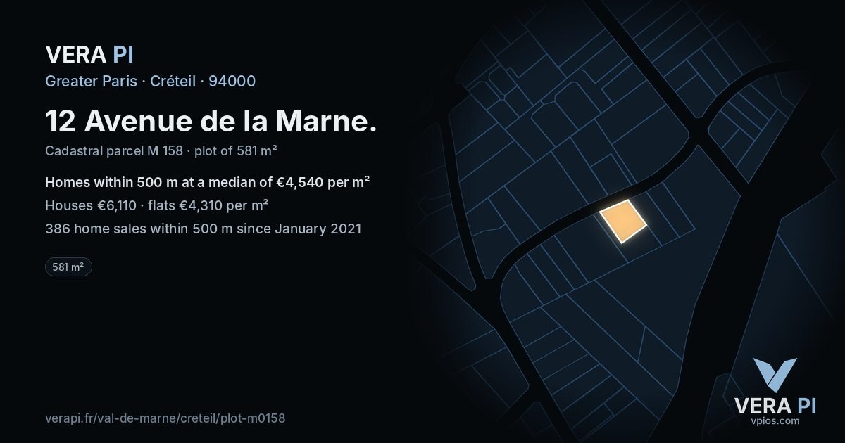 12 Avenue de la Marne, Créteil at night – the plot lit, the parcels around coloured by the prices near them