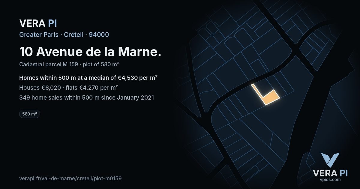 10 Avenue de la Marne, Créteil at night – the plot lit, the parcels around coloured by the prices near them