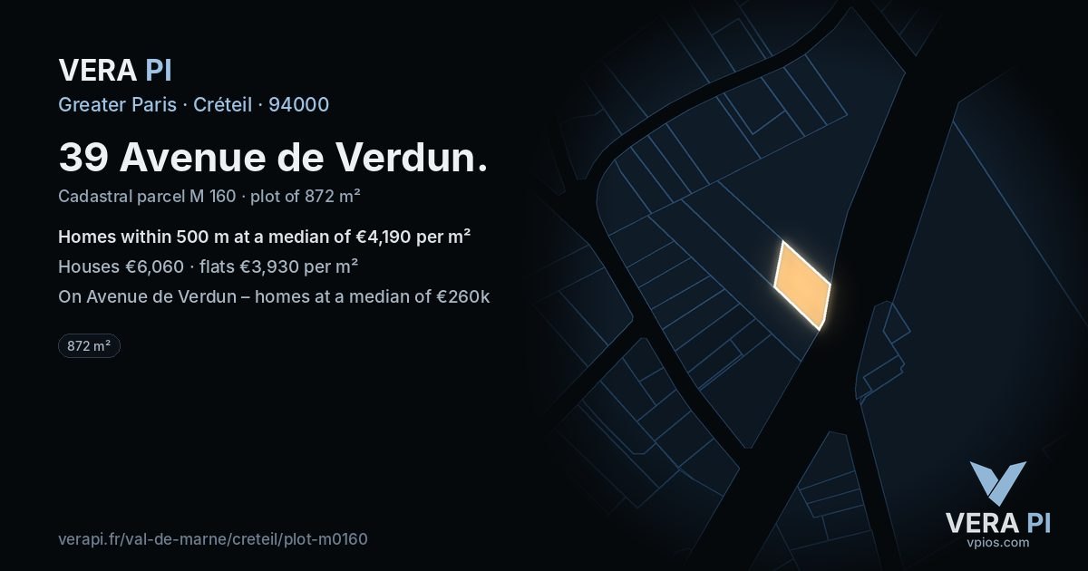 39 Avenue de Verdun, Créteil at night – the plot lit, the parcels around coloured by the prices near them