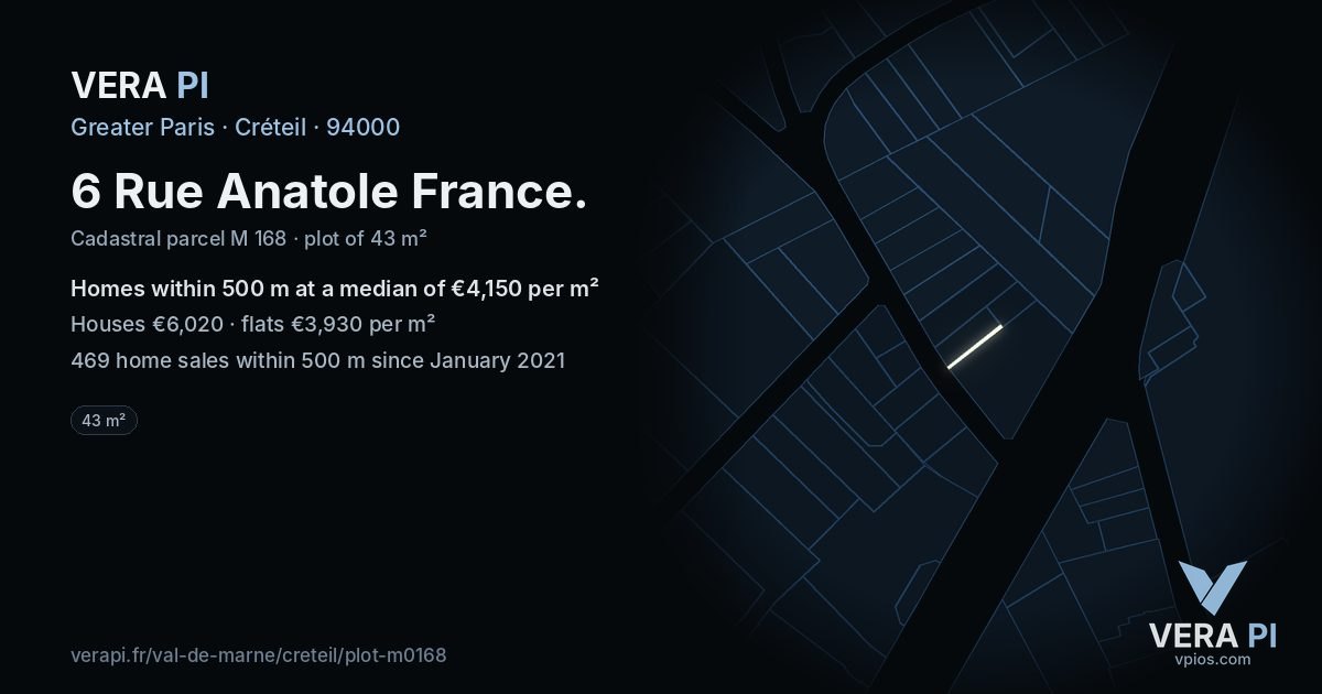 6 Rue Anatole France, Créteil at night – the plot lit, the parcels around coloured by the prices near them