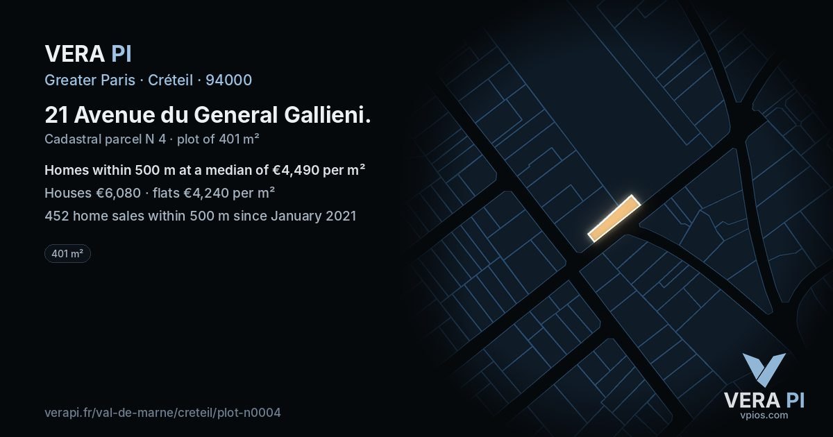 21 Avenue du General Gallieni, Créteil at night – the plot lit, the parcels around coloured by the prices near them