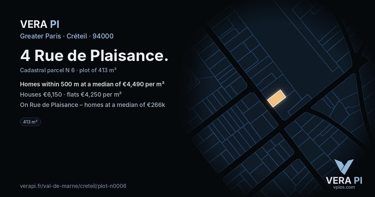 4 Rue de Plaisance, Créteil at night – the plot lit, the parcels around coloured by the prices near them