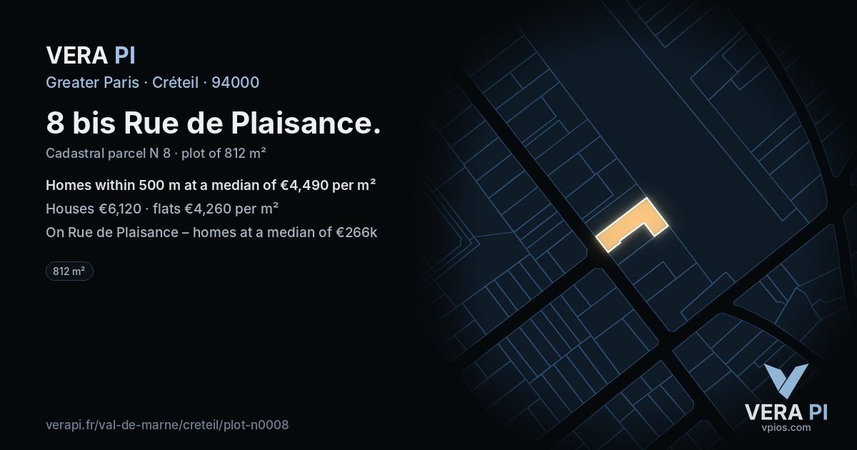 8 bis Rue de Plaisance, Créteil at night – the plot lit, the parcels around coloured by the prices near them