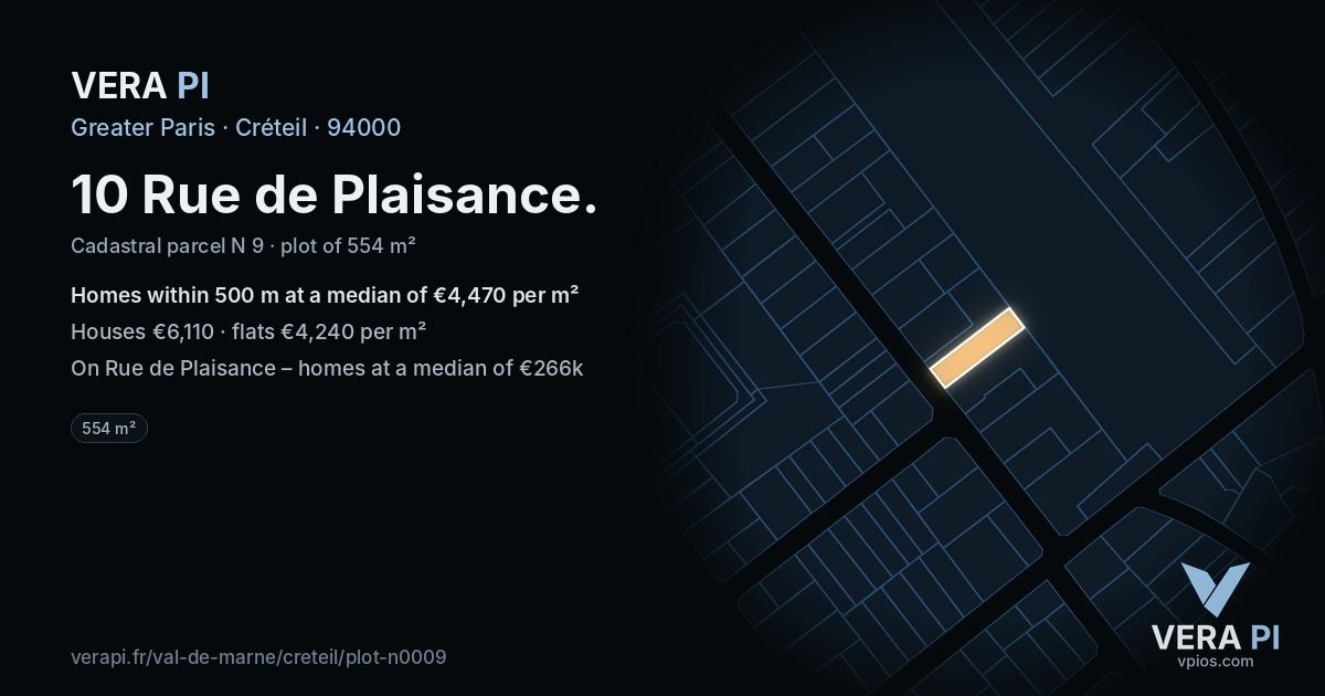 10 Rue de Plaisance, Créteil at night – the plot lit, the parcels around coloured by the prices near them