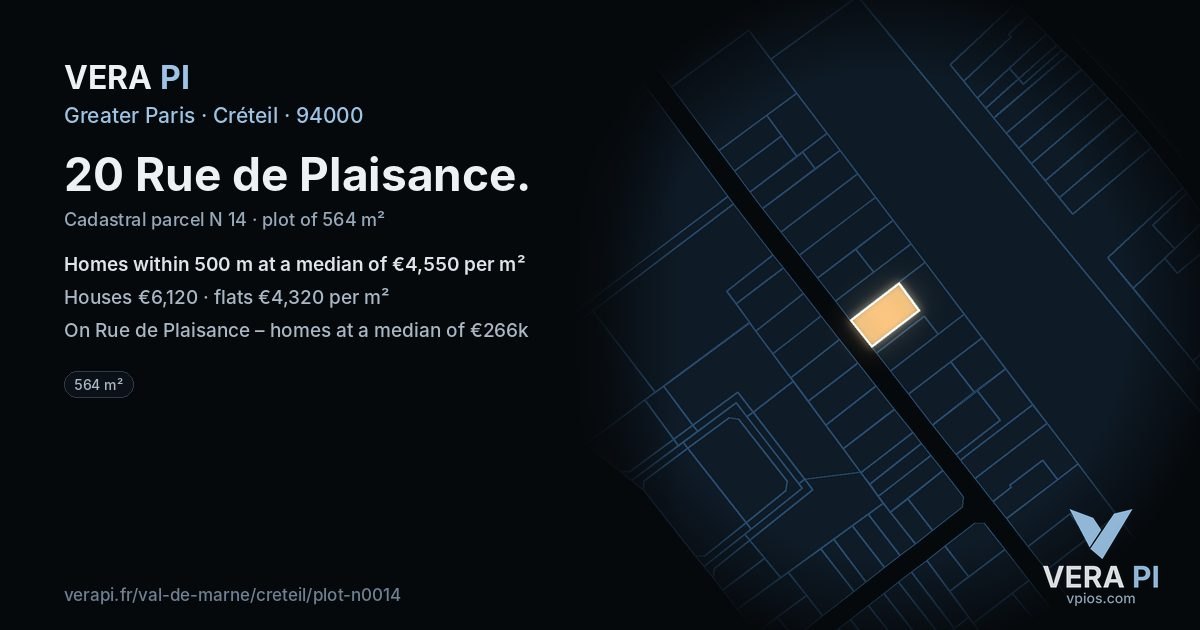 20 Rue de Plaisance, Créteil at night – the plot lit, the parcels around coloured by the prices near them