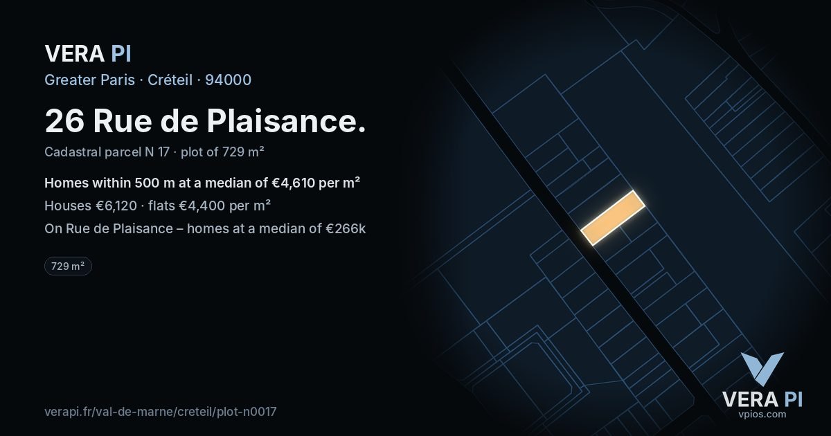 26 Rue de Plaisance, Créteil at night – the plot lit, the parcels around coloured by the prices near them