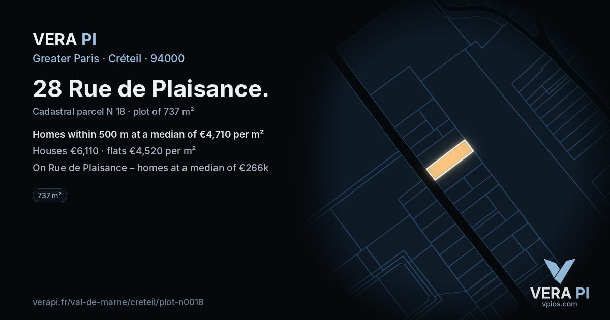 28 Rue de Plaisance, Créteil at night – the plot lit, the parcels around coloured by the prices near them
