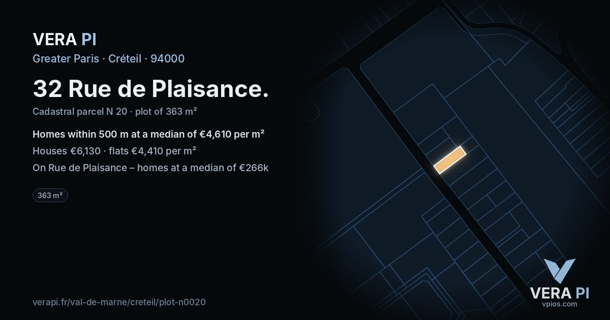 32 Rue de Plaisance, Créteil at night – the plot lit, the parcels around coloured by the prices near them