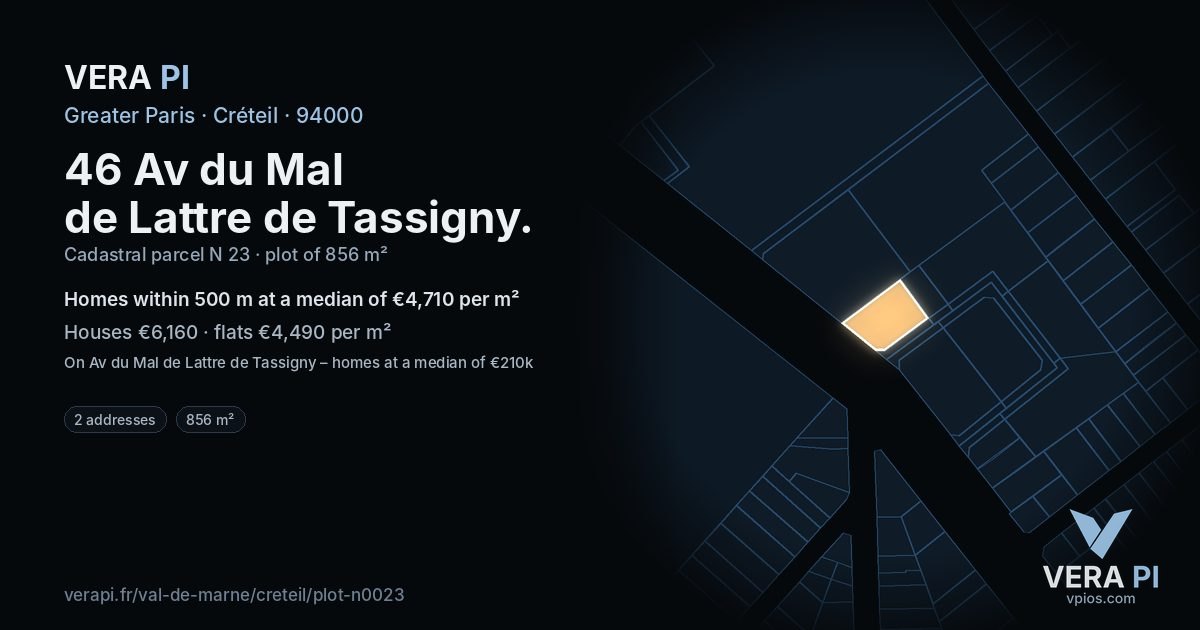 46 Av du Mal de Lattre de Tassigny, Créteil at night – the plot lit, the parcels around coloured by the prices near them
