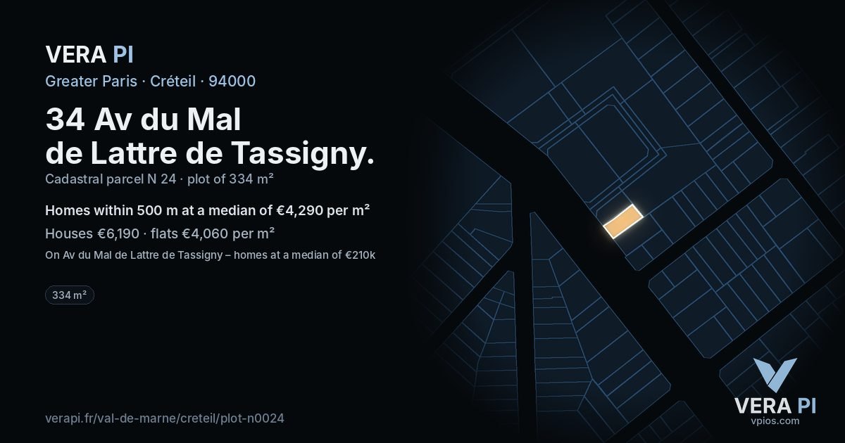 34 Av du Mal de Lattre de Tassigny, Créteil at night – the plot lit, the parcels around coloured by the prices near them