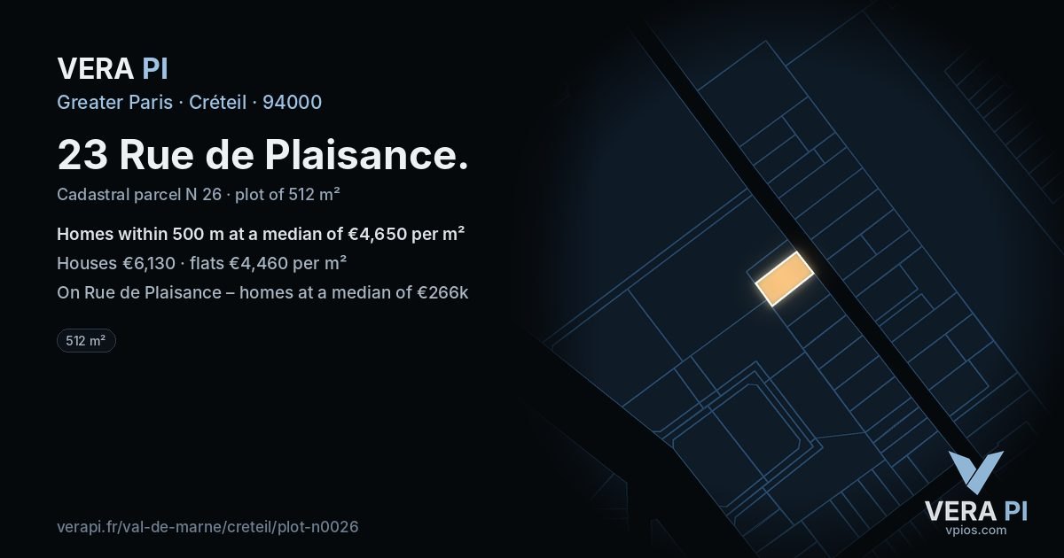 23 Rue de Plaisance, Créteil at night – the plot lit, the parcels around coloured by the prices near them