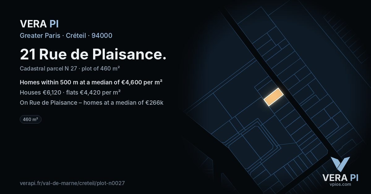 21 Rue de Plaisance, Créteil at night – the plot lit, the parcels around coloured by the prices near them