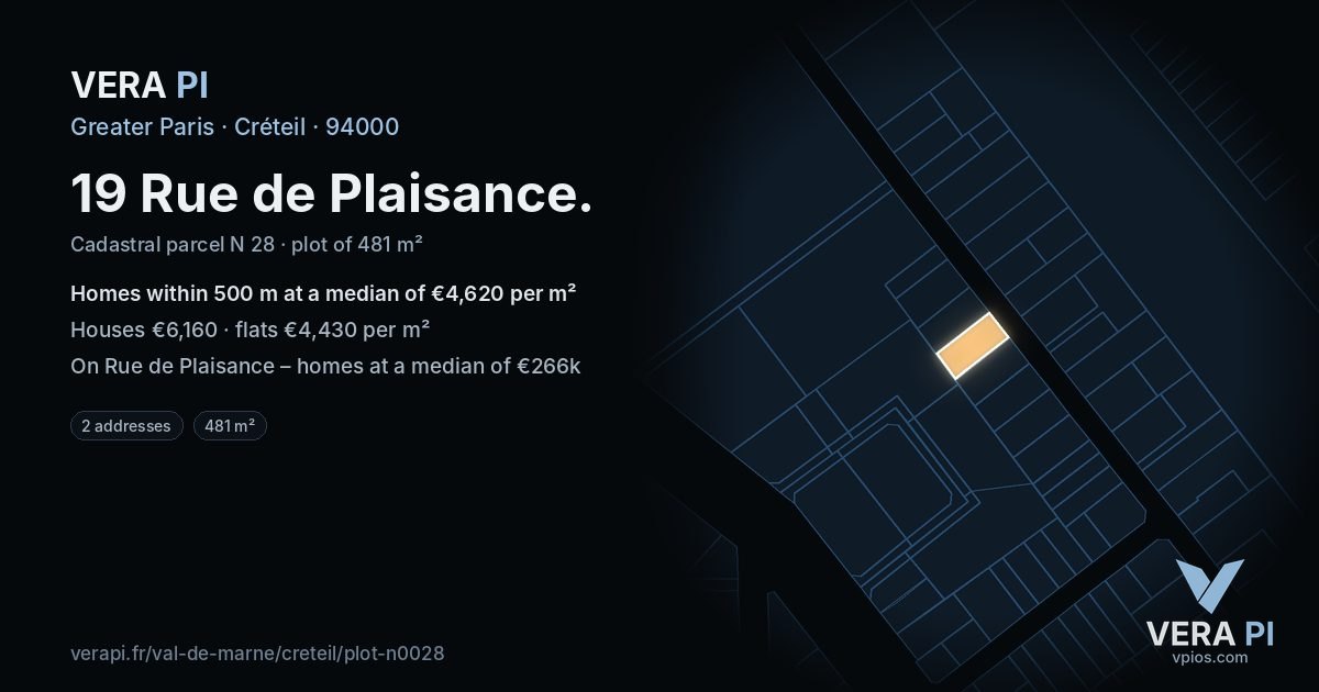 19 Rue de Plaisance, Créteil at night – the plot lit, the parcels around coloured by the prices near them