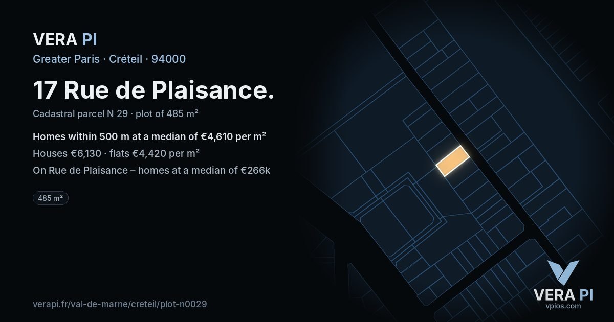 17 Rue de Plaisance, Créteil at night – the plot lit, the parcels around coloured by the prices near them