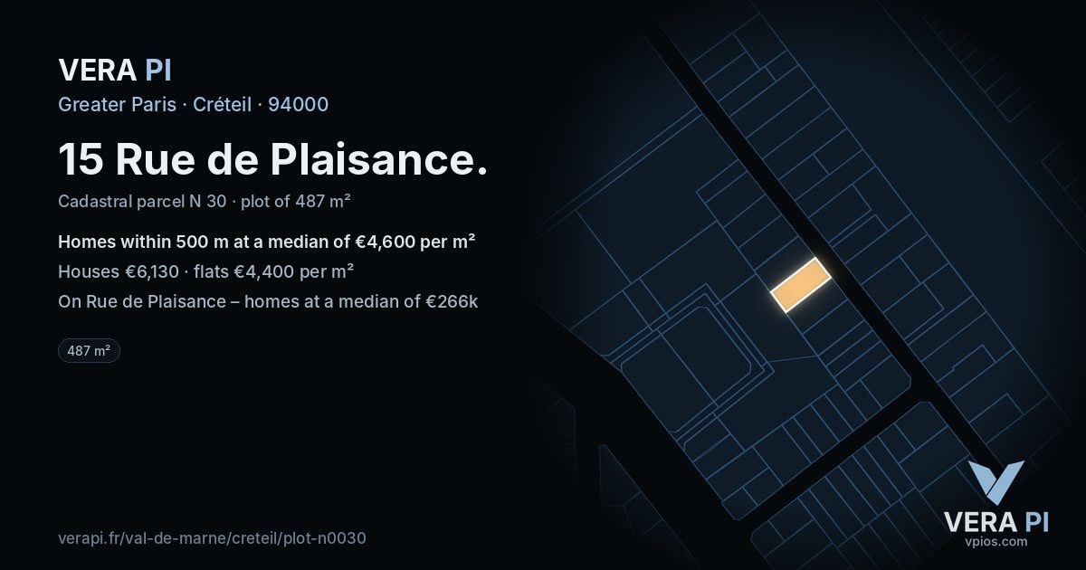 15 Rue de Plaisance, Créteil at night – the plot lit, the parcels around coloured by the prices near them