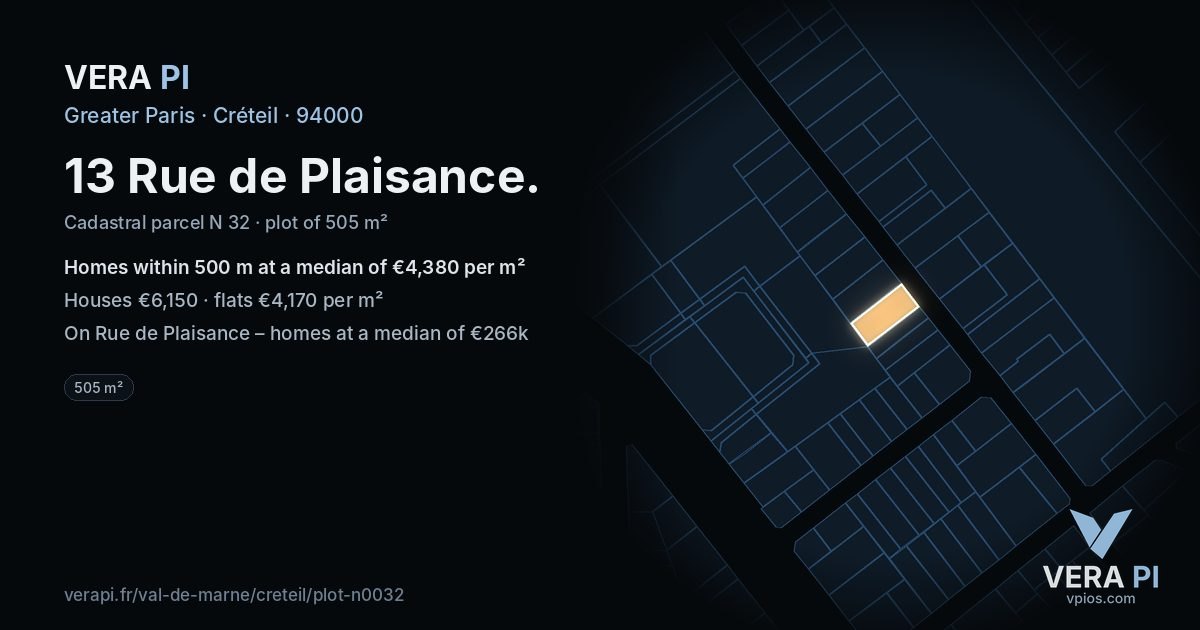 13 Rue de Plaisance, Créteil at night – the plot lit, the parcels around coloured by the prices near them