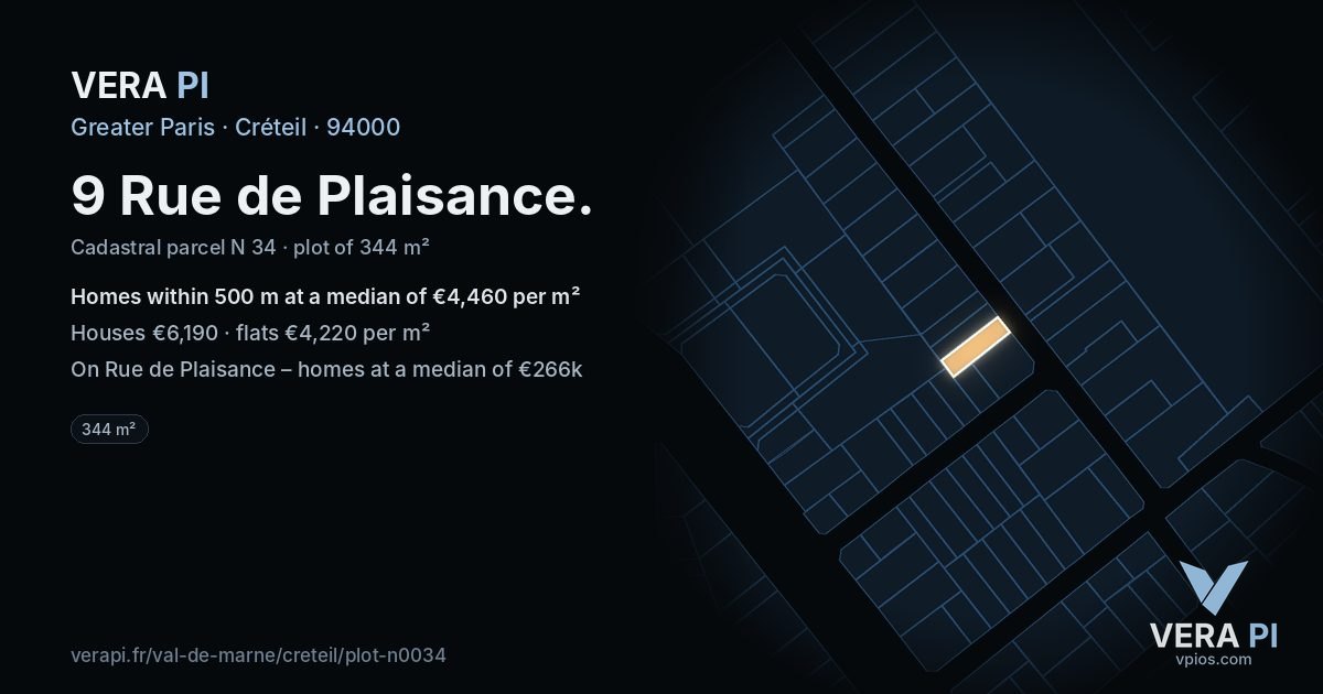 9 Rue de Plaisance, Créteil at night – the plot lit, the parcels around coloured by the prices near them