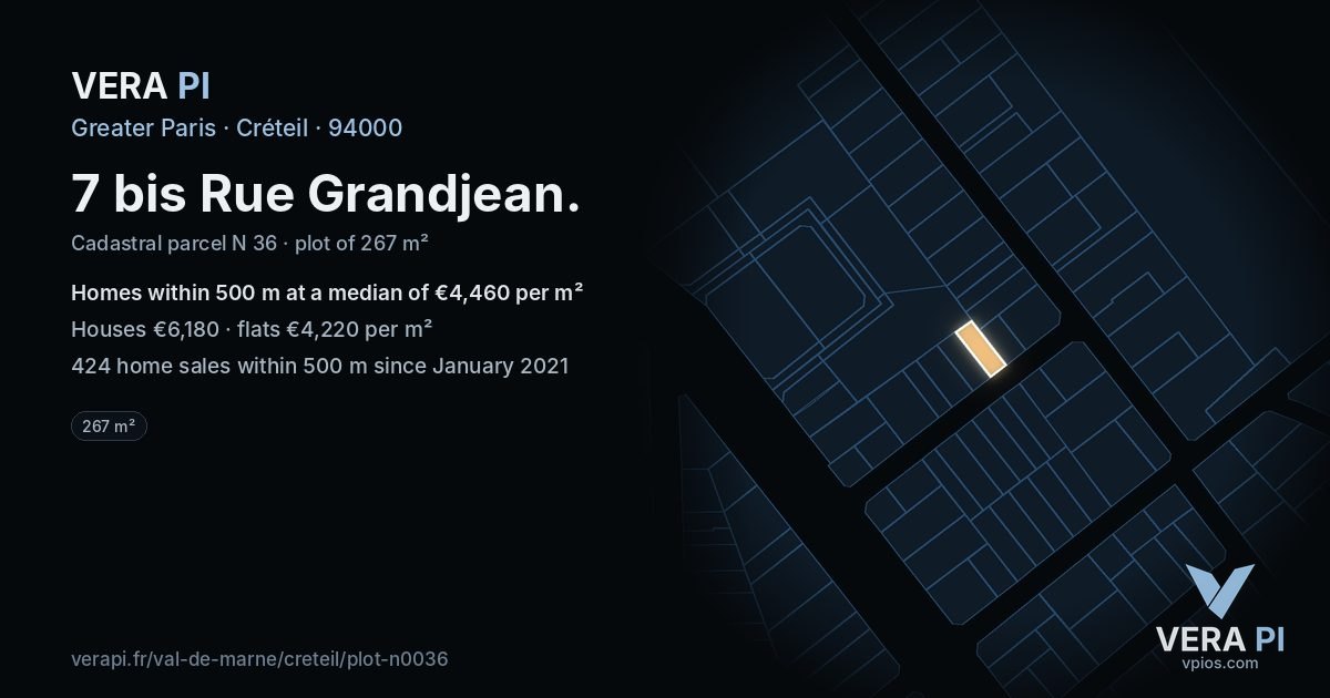 7 bis Rue Grandjean, Créteil at night – the plot lit, the parcels around coloured by the prices near them