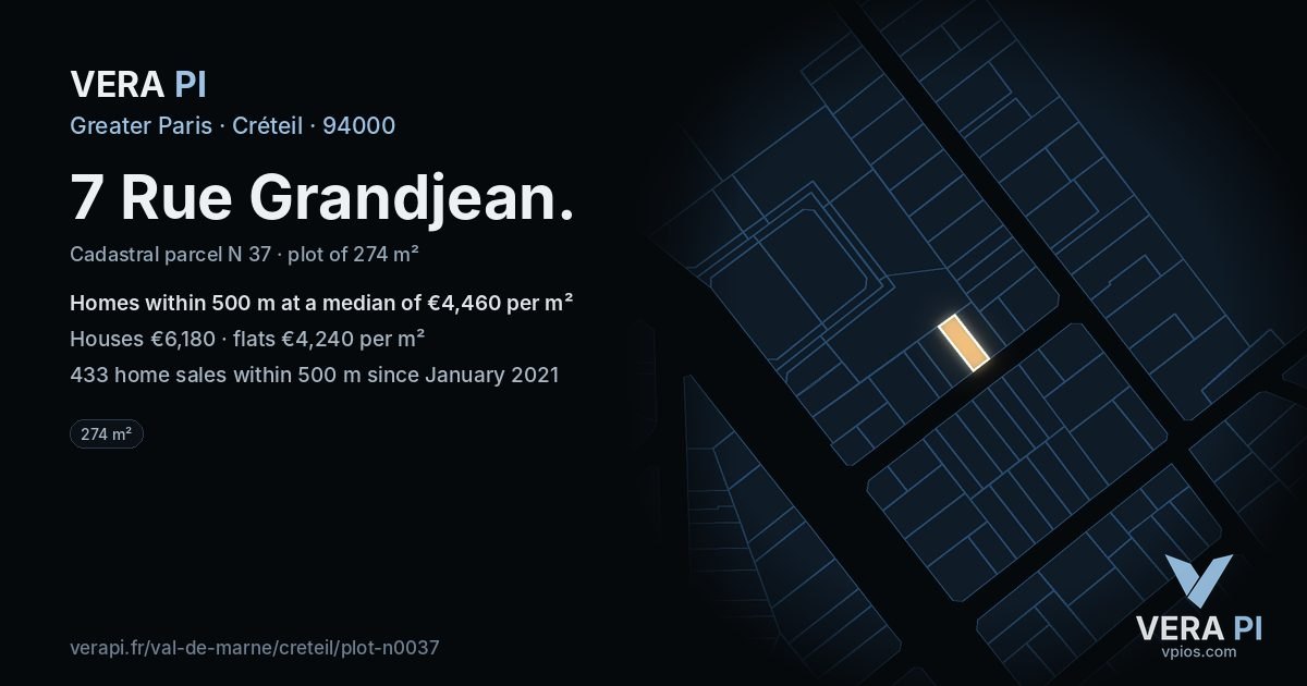 7 Rue Grandjean, Créteil at night – the plot lit, the parcels around coloured by the prices near them