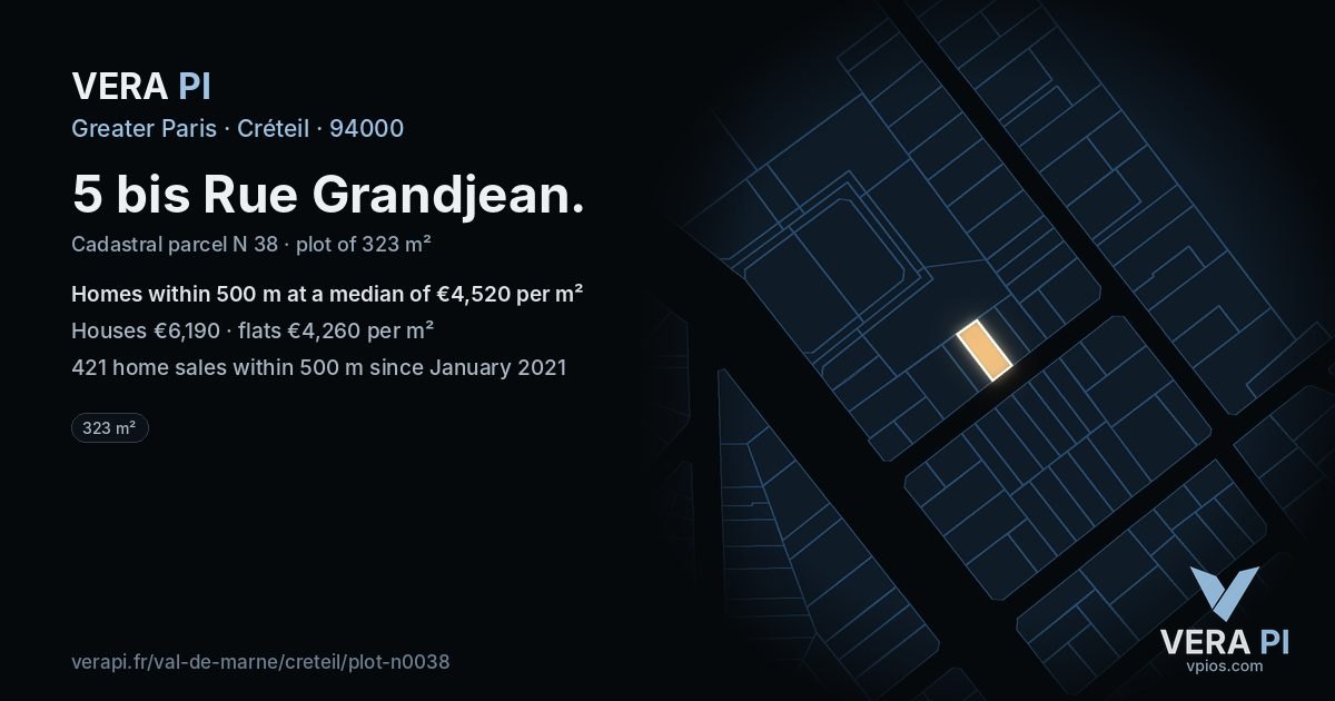 5 bis Rue Grandjean, Créteil at night – the plot lit, the parcels around coloured by the prices near them