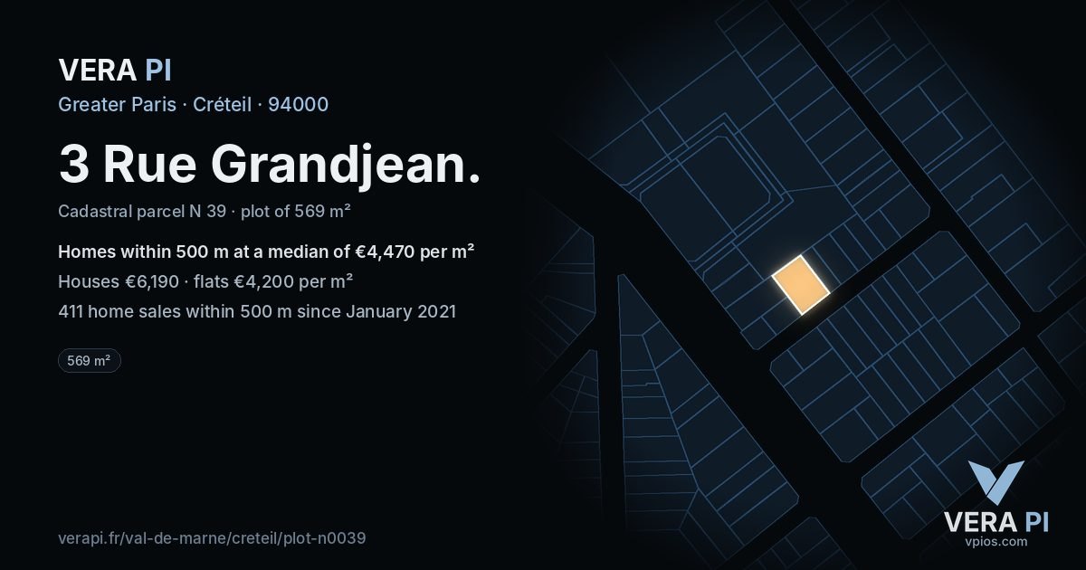 3 Rue Grandjean, Créteil at night – the plot lit, the parcels around coloured by the prices near them