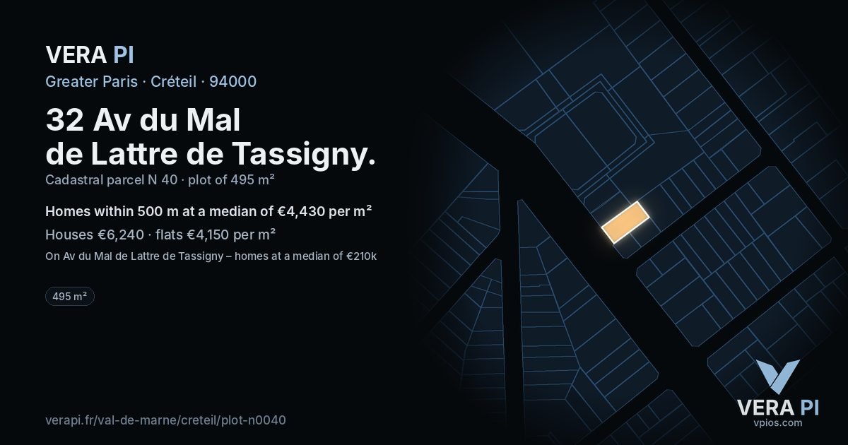 32 Av du Mal de Lattre de Tassigny, Créteil at night – the plot lit, the parcels around coloured by the prices near them