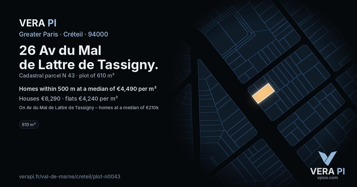 26 Av du Mal de Lattre de Tassigny, Créteil at night – the plot lit, the parcels around coloured by the prices near them