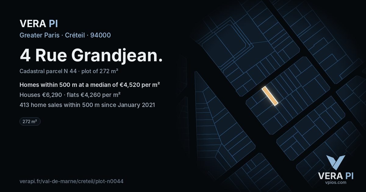 4 Rue Grandjean, Créteil at night – the plot lit, the parcels around coloured by the prices near them