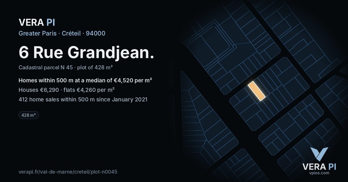 6 Rue Grandjean, Créteil at night – the plot lit, the parcels around coloured by the prices near them