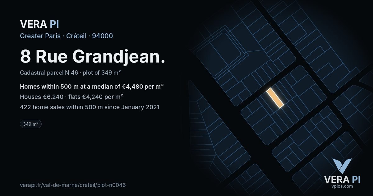 8 Rue Grandjean, Créteil at night – the plot lit, the parcels around coloured by the prices near them