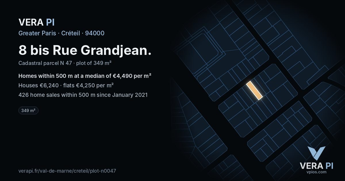 8 bis Rue Grandjean, Créteil at night – the plot lit, the parcels around coloured by the prices near them
