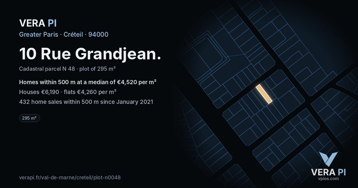 10 Rue Grandjean, Créteil at night – the plot lit, the parcels around coloured by the prices near them